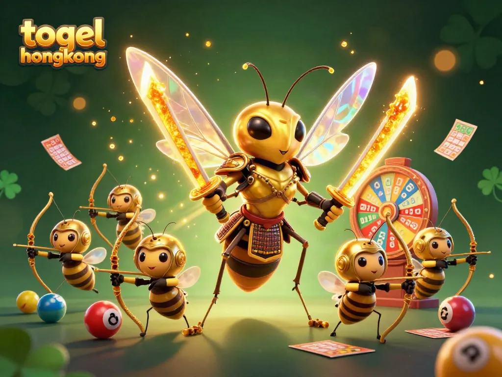 Mengambil angka togel hongkong dengan karakter serangga menarik di latar belakang bertema lotere.