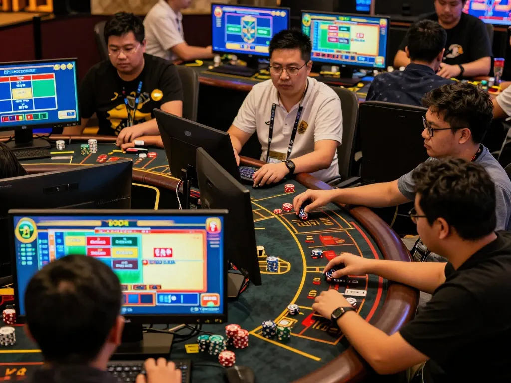 View of players focusing on togel sgp game interfaces in a vibrant online gambling environment