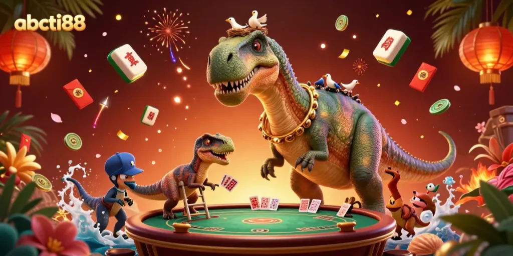 Experience the excitement of abcti88 casino with a lively 3D scene of a brontosaurus interacting in a vibrant gaming environment.