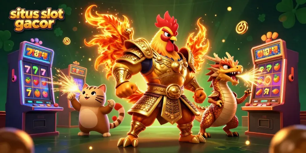 RAYA22 situs slot gacor menampilkan karakter berani dalam aksi dengan mesin slot warna-warni dan efek magis.