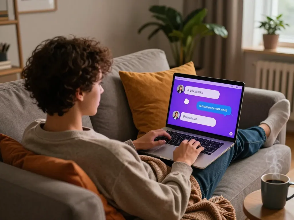 Engaging in ai sexting conversation on a laptop in a cozy home setting.