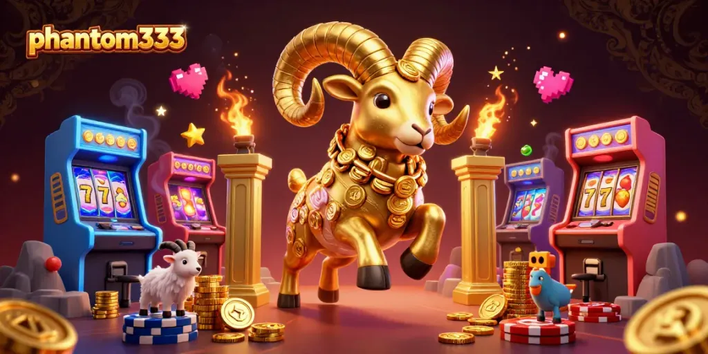 Engage in thrilling casino action with phantom333, featuring a golden ram and vibrant slot elements.