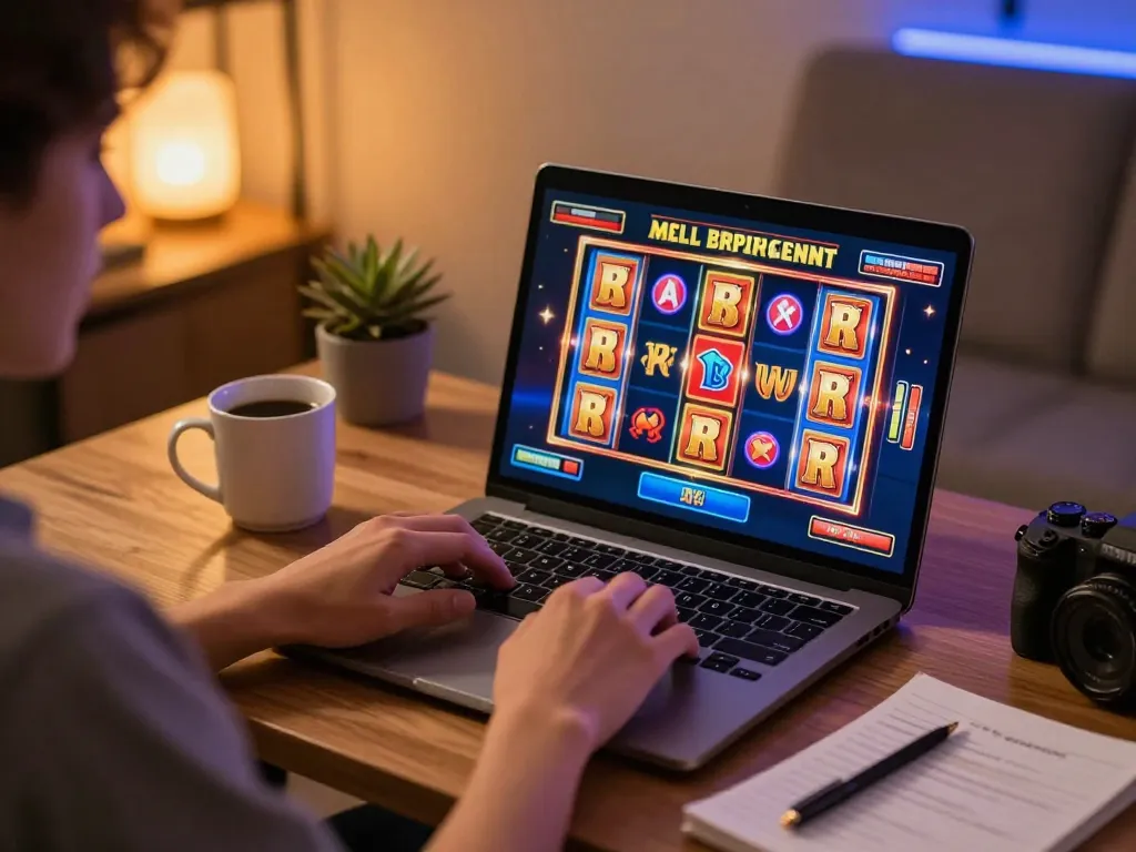 Engaged player enjoying OKESLOT online slots on a laptop with a cozy home setup