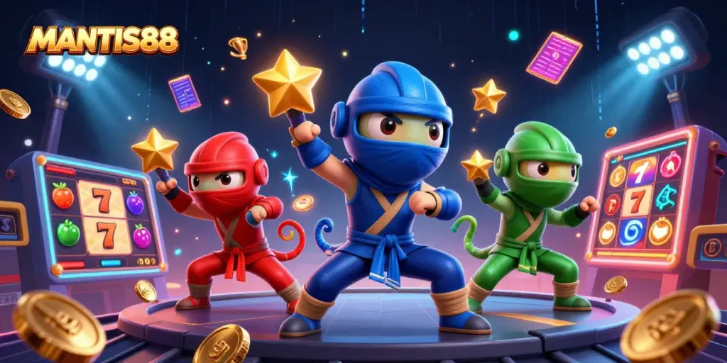 MANTIS88 invites players to experience thrilling online slots with a dynamic chameleon ninja team in action.