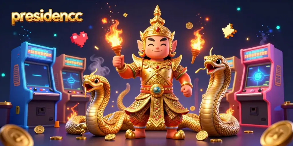 Win big with presidencc: colorful online gaming elements surround golden characters in a vibrant casino setting.