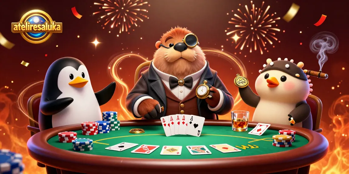 Play poker at ateliersaluka with a jolly walrus and sophisticated penguin dealer