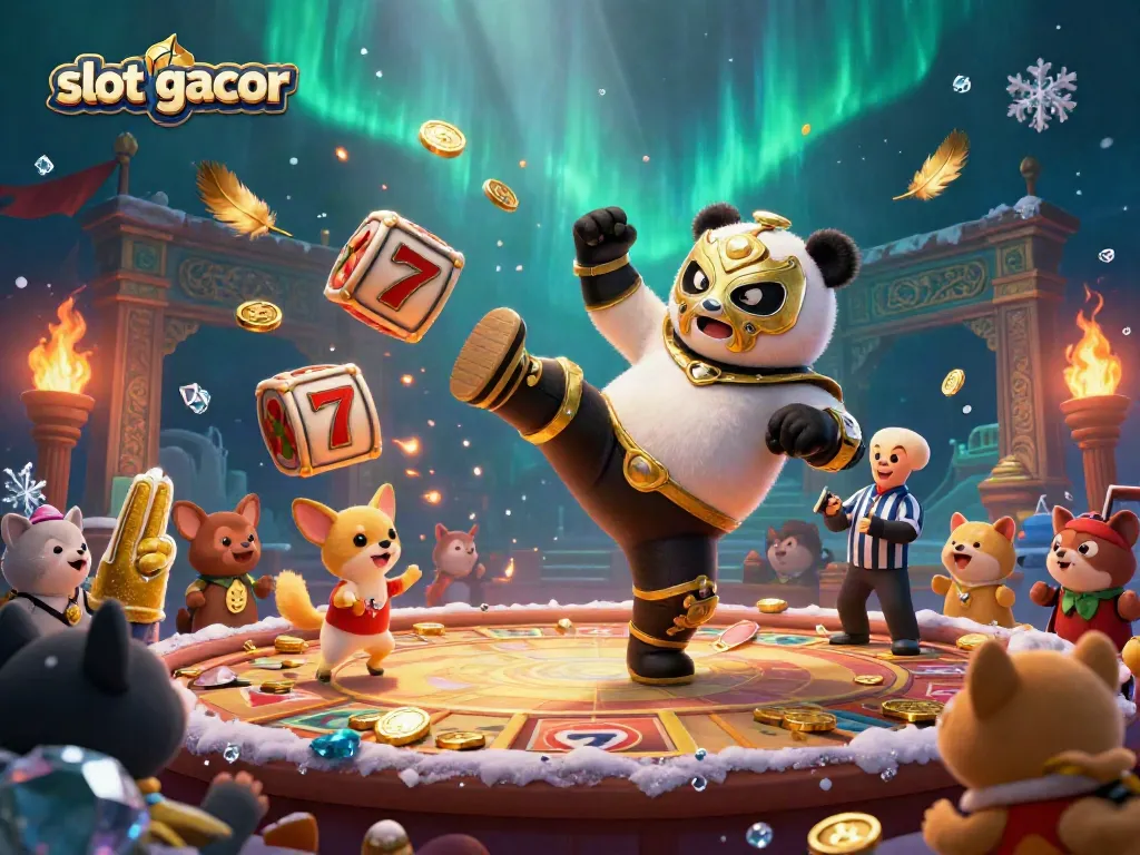 Experience the excitement of slot gacor with a cartoon panda kicking in a vibrant casino setting.