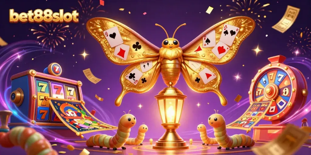 Experience the excitement of bet88slot with a vibrant 3D casino scene portraying an adventurous atlas moth and various game elements.