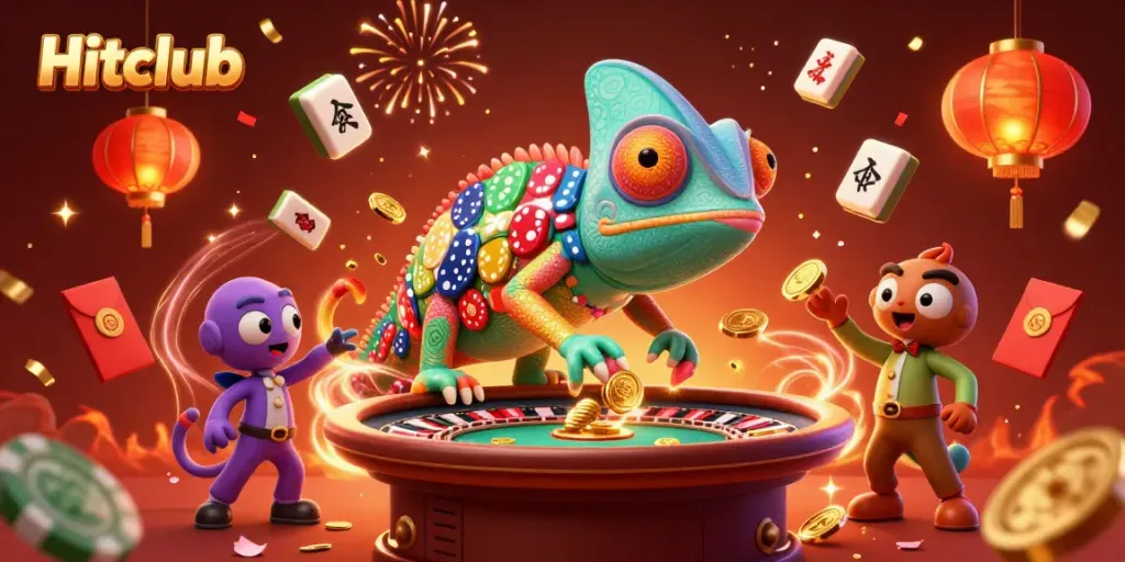Hitclub casino owner chameleon surrounded by colorful gaming elements and festive icons.