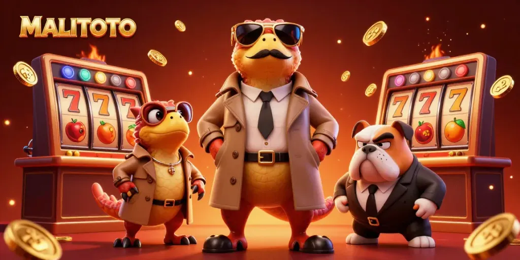 Experience the whimsical MALITOTO scene with raptors trying to sneak into a VIP casino lounge, integrating fun elements of slots and casino culture.