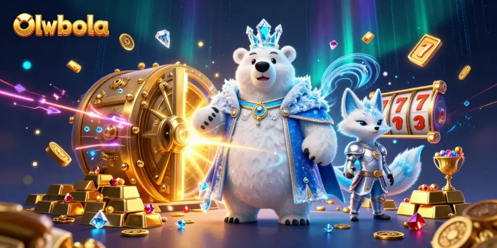 Bet on excitement with olxbola as the ice king polar bear reigns over riches amidst slot machines and treasures.
