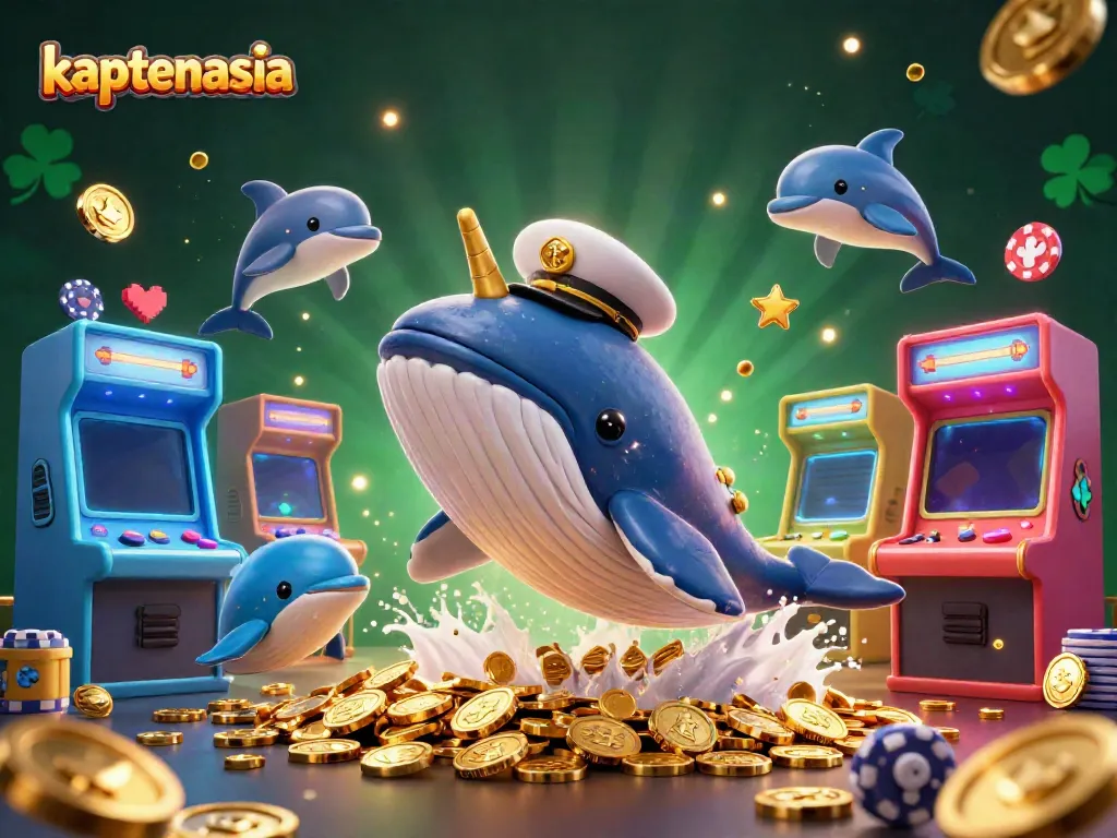 KAPTENASIA menghadirkan gajah laut kartun 3D dalam lautan koin untuk menggambarkan keseruan perjudian.