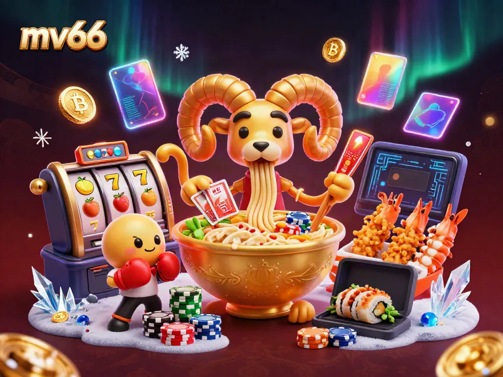 Engage in thrilling slot action with mv66, where a golden ramen dealer shows off winning cards amidst swirling casino excitement.