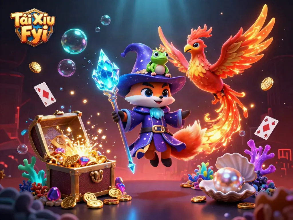 Tài Xỉu Fyi illustration showcasing a wizard fox, phoenix, and enchanted frog in a vibrant casino scene.