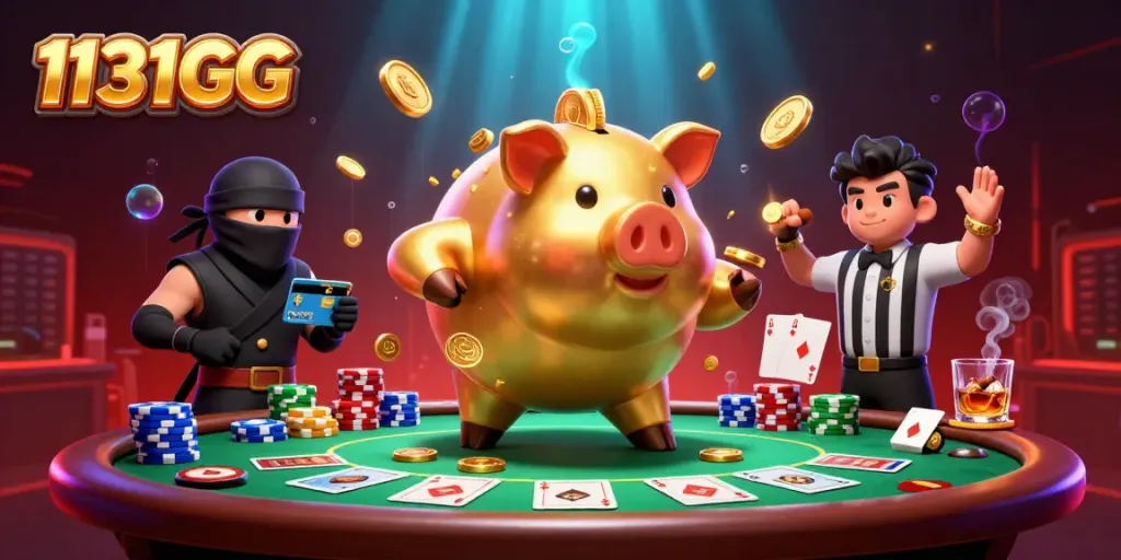 Permainan seru di 1131GG dengan karakter menarik seperti bank piggy emas dan ninja wallet.