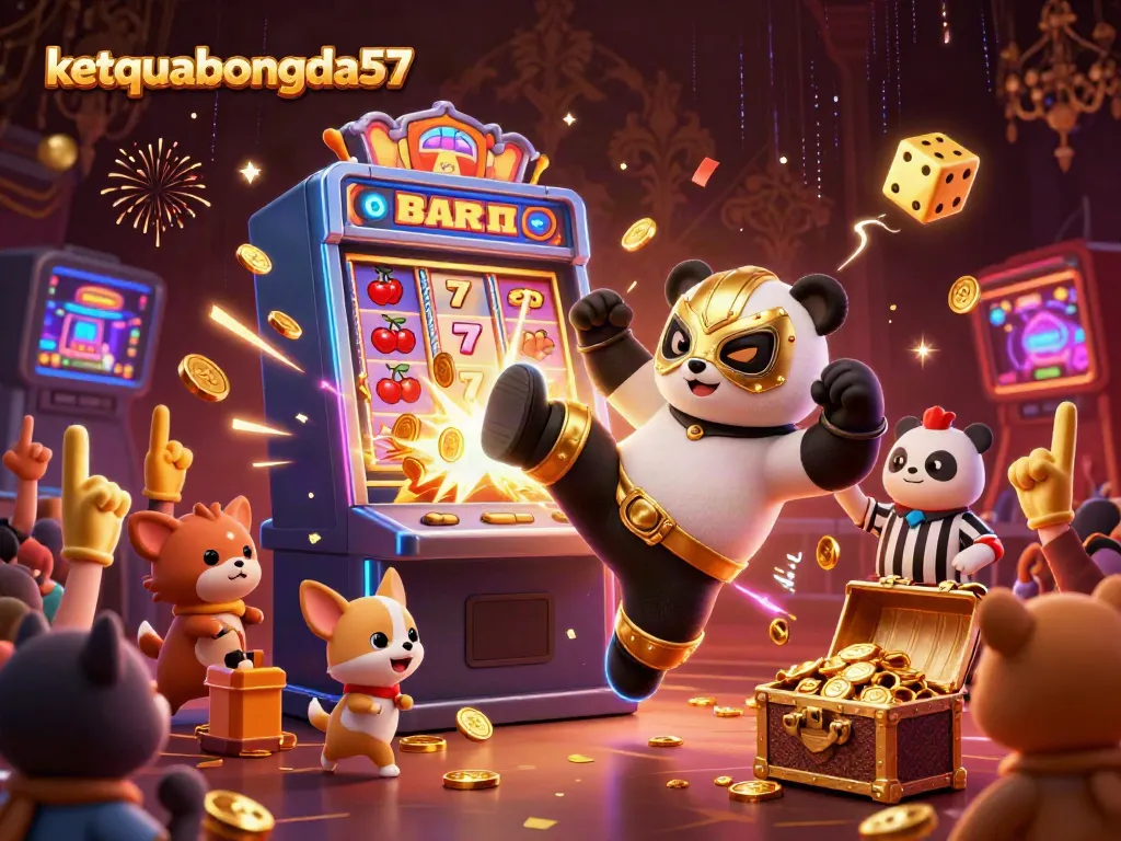 Watch excitement unfold at ketquabongda57 as a panda wrestler delivers a kick surrounded by casino gaming action.