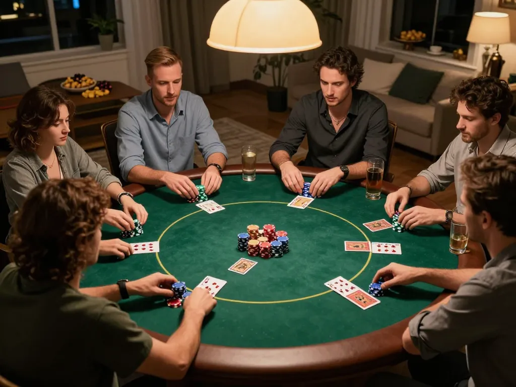 Players strategizing in a friendly home poker night with 122 chips, creating an engaging atmosphere.