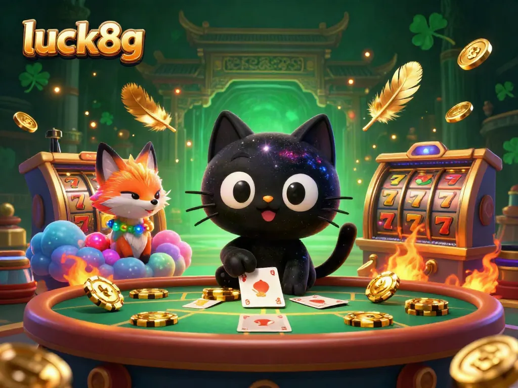 Experience the excitement of luck8g at a vibrant casino table with a dynamic black hole cat and nebula fox.