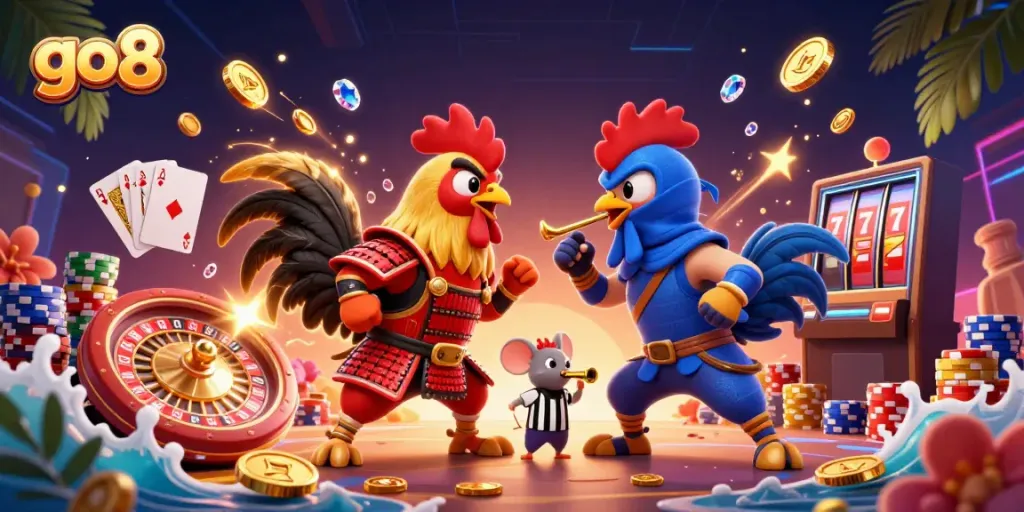 Engage in thrilling battles with go8's exciting 3D rooster showdown in online gaming.