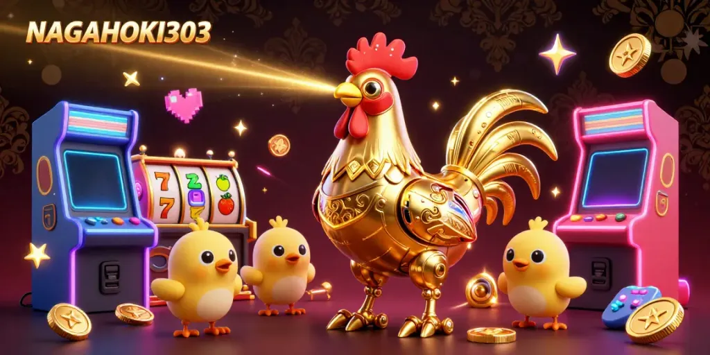 NAGAHOKI303 showcases a futuristic golden rooster robot leading a playful adventure through vibrant online slots.