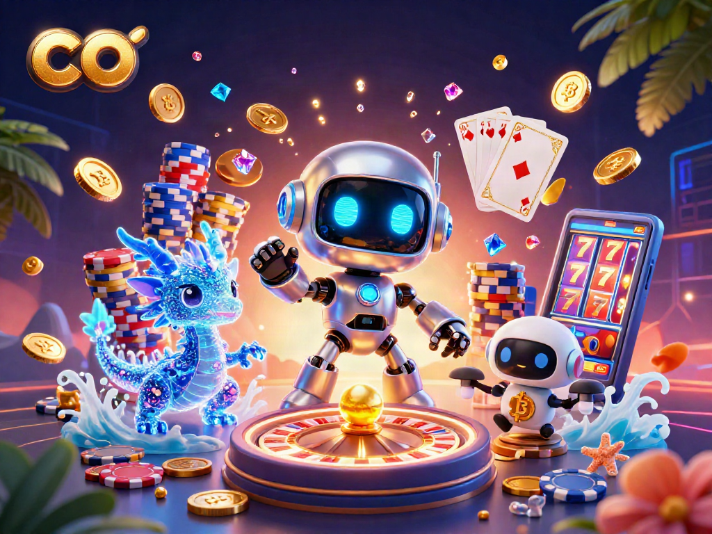 Win big with exciting games at co, featuring a vibrant 3D casino scene with robots and stunning slots.