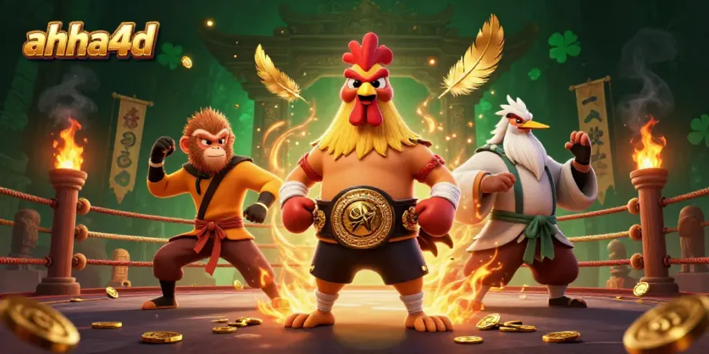 Gambarkan ahha4d dengan karakter ayam Muay Thai, monyet Shaolin, dan burung bangau dalam arena pertarungan yang meriah.