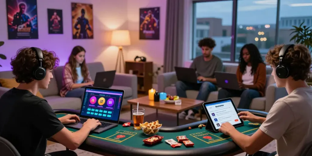 Dynamic gaming atmosphere showcasing players using the Wolfbet Bonus official Page on various devices in an inviting lounge setting.