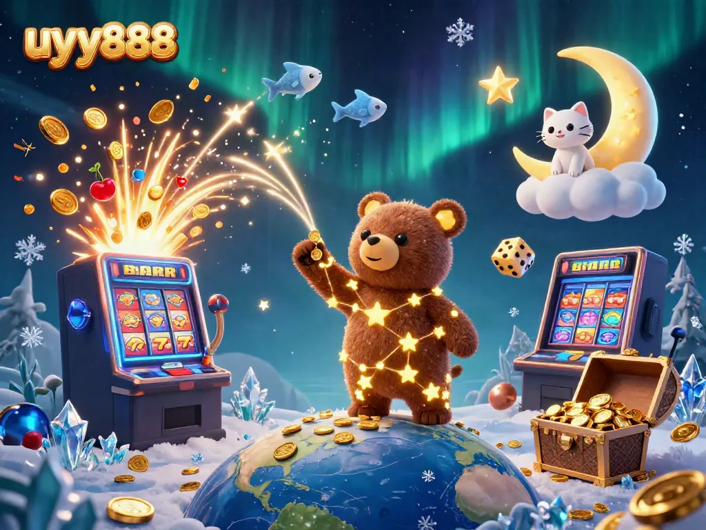 Join the magic of uyy888 as the constellation bear scoops coins with vibrant slot machine elements.