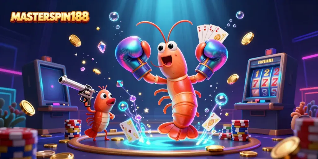 Experience thrilling gameplay with MASTERSPIN188 as vibrant characters celebrate casino wins amidst dazzling slots and coins.