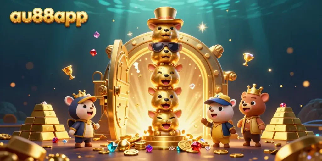 Experience the excitement of winning at AU88app with vibrant casino-themed visuals and captivating golden treasures.