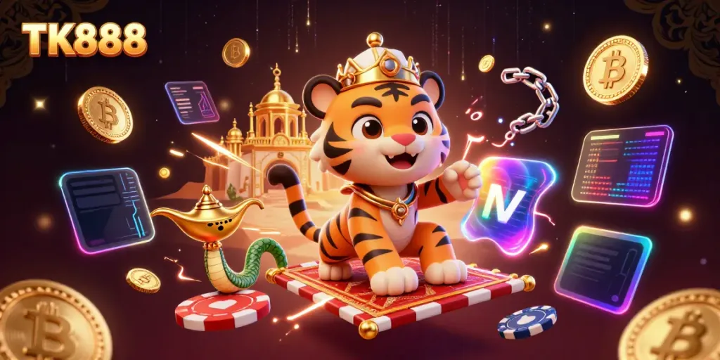 Engage with TK888 in a vibrant 3D casino illustration showing an Arabian tiger sultan amidst crypto coins and a magical palace.