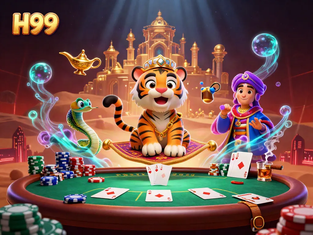 Experience H99's vibrant online casino visuals with a festive tiger sultan and magical elements.