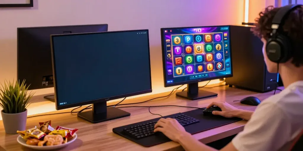 Player enjoying a slot gacor game on a vibrant screen, cozy gaming setup.