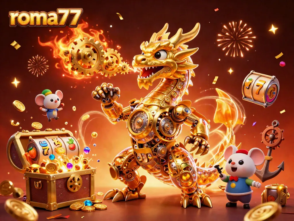 Permainan slot gacor di rom777 dengan naga emas mekanis yang memancarkan koin emas dan gem berwarna.