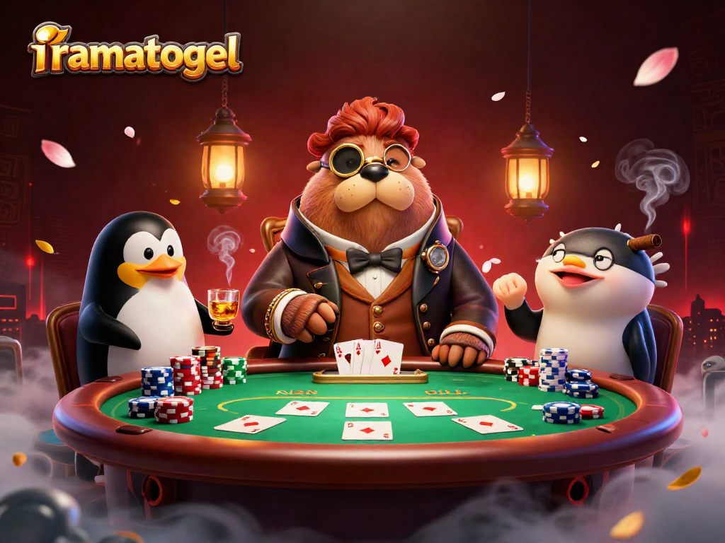 Mainkan iramatogel dengan geng ceria: walrus, dealer penguin, dan ikan puff beraksi di meja poker bawah laut.