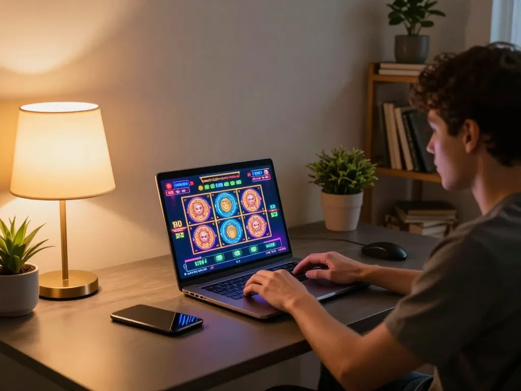 Experience the thrill of Slot Thailand through dynamic online gaming on a laptop during a cozy home session