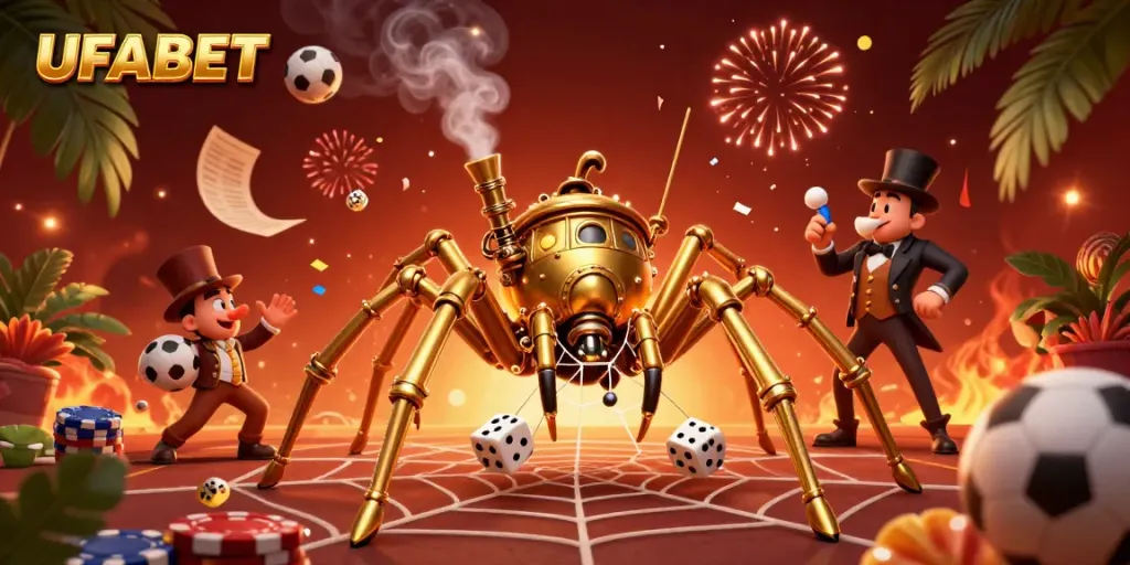Engaging scene of UFABET with a golden spider and fly gentleman celebrating victories in sports betting amidst festive elements.