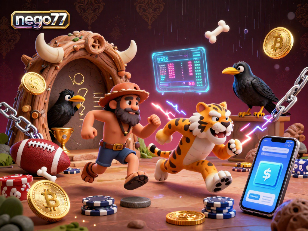 Nego77 sports betting mix parlay illustration with characters and vibrant gambling elements.