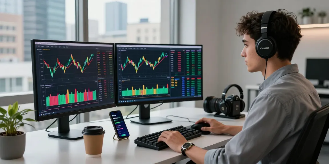 Aktivitas trading UE99 nyata di ruang kerja modern dengan grafik digital dan suasana energik.