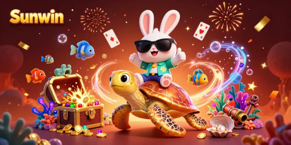Sunwin platform celebrating online gaming with a cartoon rabbit and turtle in a vibrant casino scene.