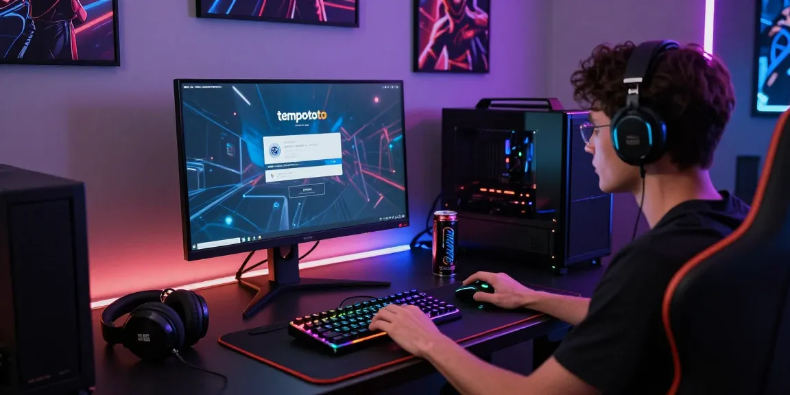 Engaging user at tempototo login in a vibrant gaming workspace with high-tech gear.