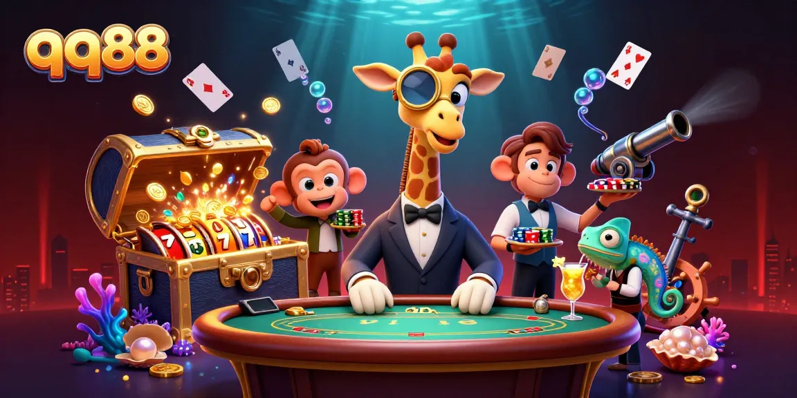 Join the high-stakes action at qq88 with a whimsical giraffe, monkey valet, and chameleon bartender!