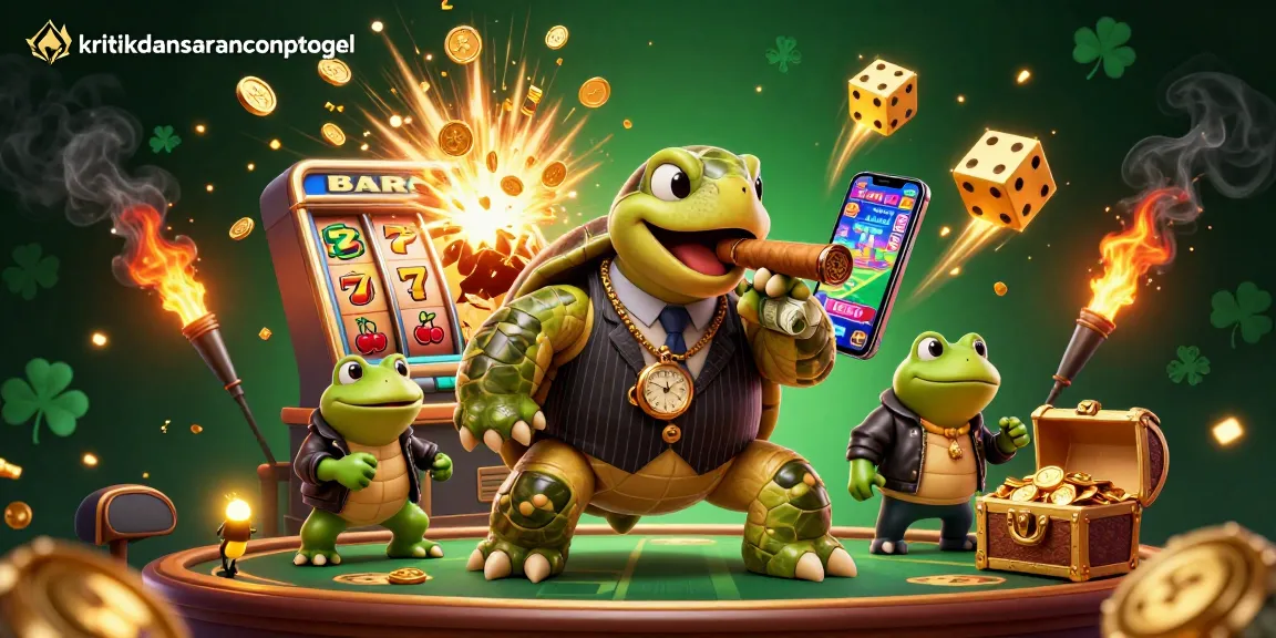 Watch the playful snapping turtle celebrate in a lavish casino scene at kritikdansarancongtogel, surrounded by golden jackpots and lights.